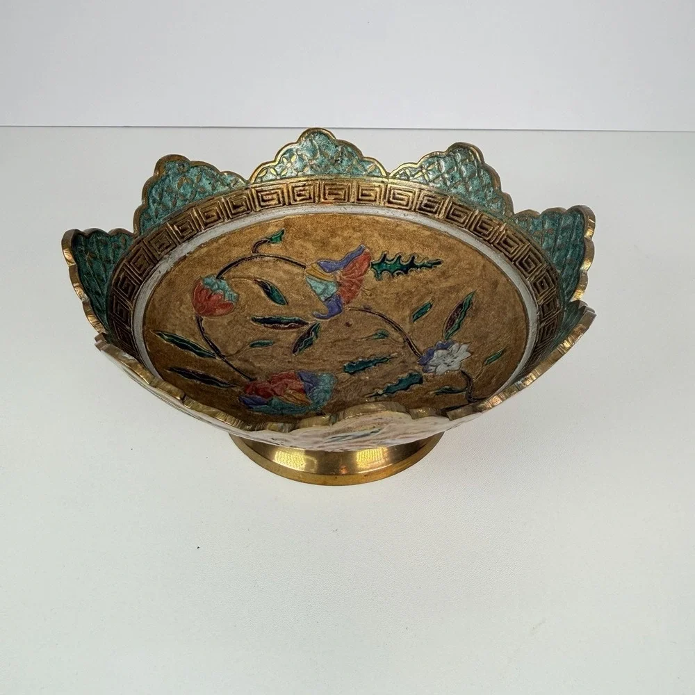 Colorful Cloisonné enamel bowl‎ Scalloped With Floral & Greek Key Design